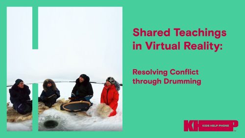 72e90655ec10e8a8ef1146ca7b26ded82cb84534 Four people in winter clothing sit in the snow around a drum, with text about shared teachings.