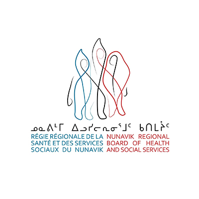 Logo for Nunavik Regional Board of Health and Social Services with three abstract figures.