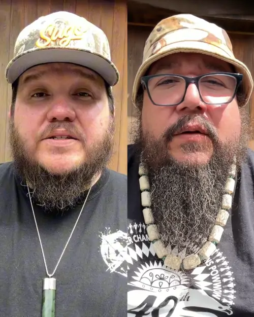 Split Screen Two Men Wearing Hats Necklaces One Split screen of two men wearing hats and necklaces, one with glasses.